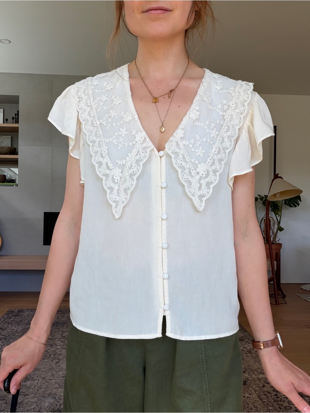 Zara Cream Lace Collar Button-Front Blouse - Picture 2 of 12